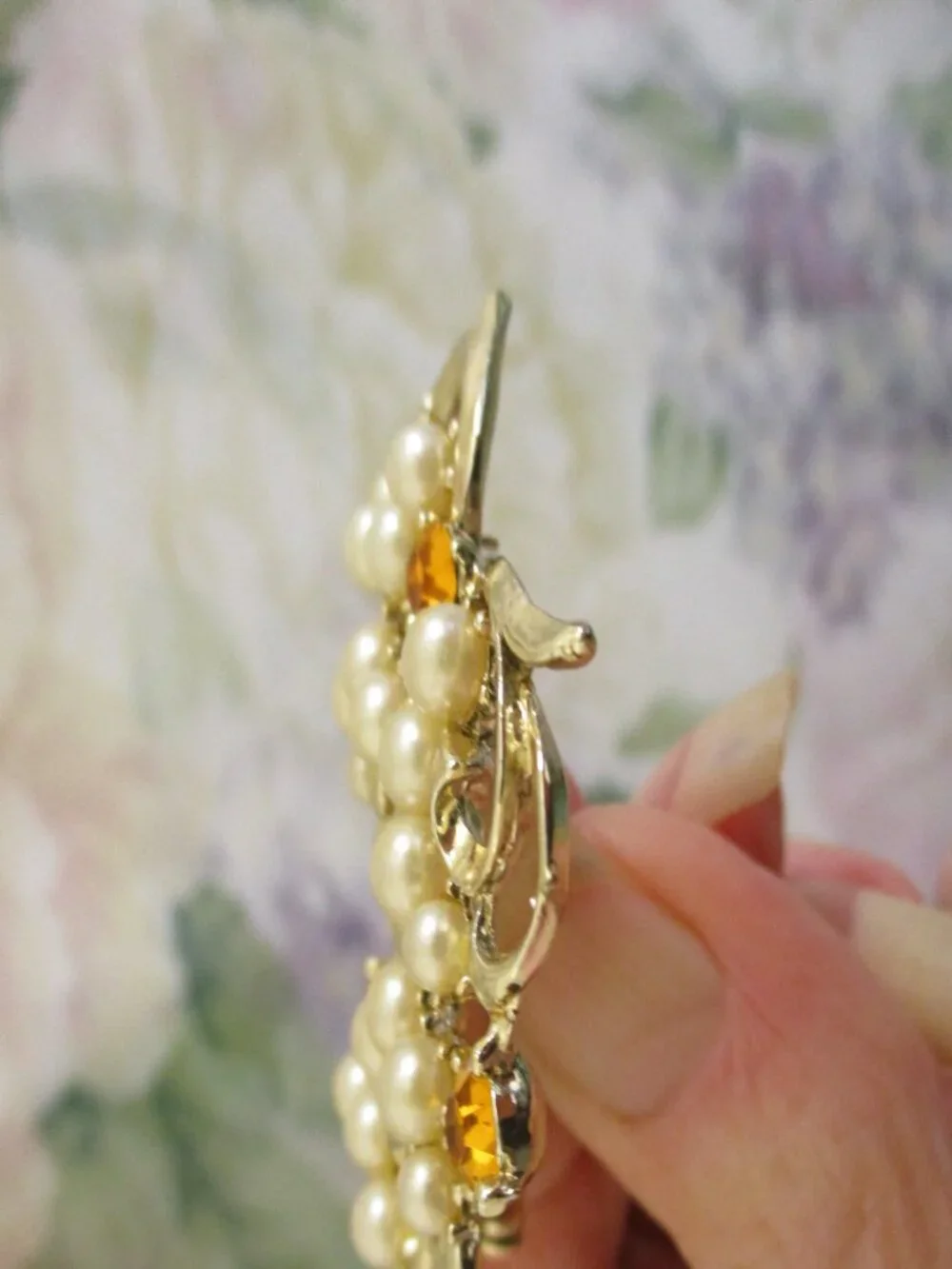 Vintage ART NOUVEAU Brooch: Goldenrod Rhinestone Pearl Swirl, Gold Plate
